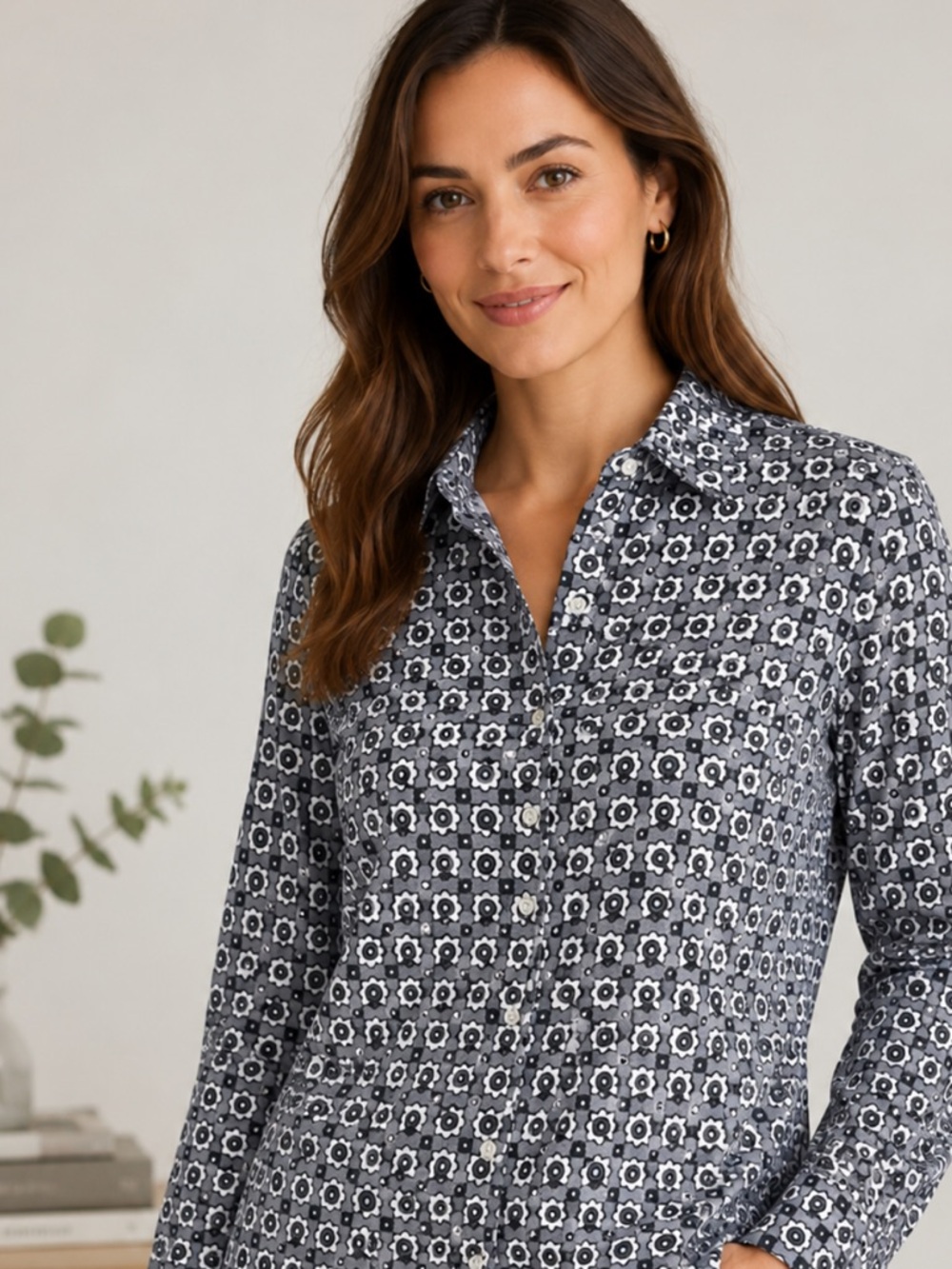 Anne Fontaine grey  & White floral Button-Up Shirt size 44 US 12